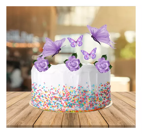 KIT DECORAÇÃO LILAS PEROLADO (TOPO + FLOR + BORBOLETAS) - PAPEL