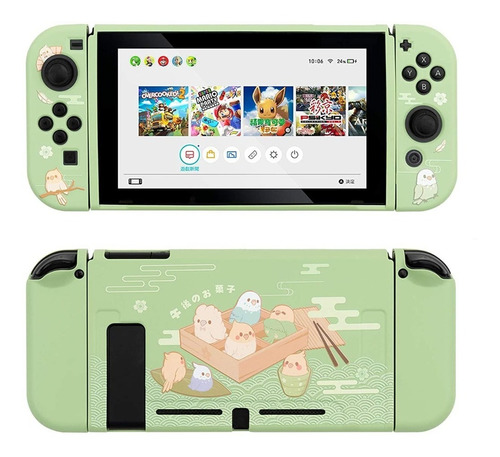 Carcasa Para Nintendo Switch Y Joycons Pajaritos Lindo Verde