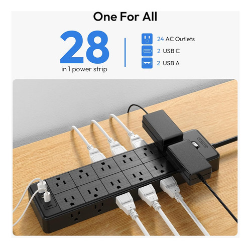 Cable De Extensión Con 24 Tomas Y Usb-c, 25/10 Pies, 15a/187