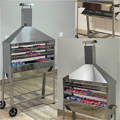 Churrasqueira Inox Para Churrasco De Espetiniho A Carvão Com 1 Metro De Comprimento E Tres Alturas Do Carvao Com Coifa E Duto Elevado Acompanha Duas Grelhas
