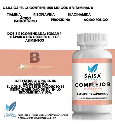 Complejo B 120 Capsulas Vitaminas B1 B2 B3 B5 B6 B9 Suplemento Alimenticio Energia Sistema Nervioso Saisa Herbal