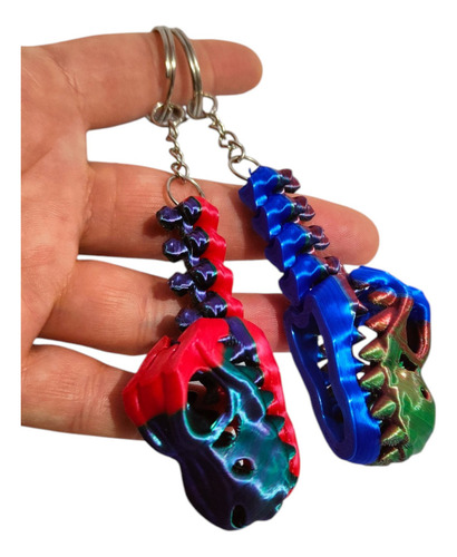 2 Llaveros Cabezas Dinosaurio T-rex Articulada Fiesta Color Set Rojo-azul