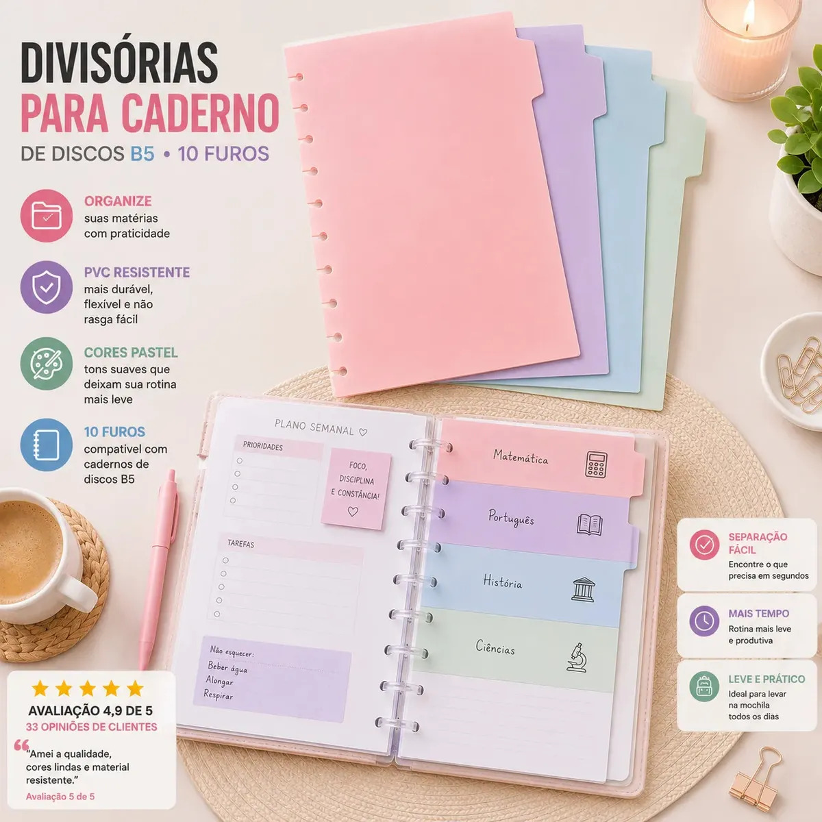 Kit 4 Divisórias Coloridas para Caderno Inteligente de Disco B5 10 Furos Reposicionáveis Plástico Resistente Removível Organização Escolar Universitária Estudo Trabalho Planner