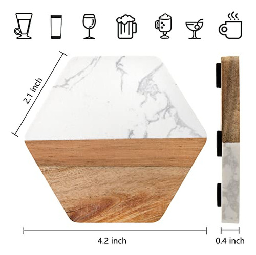 Juego De 6 Posavasos De Mármol Y Madera Zenfun, Posavasos Ge