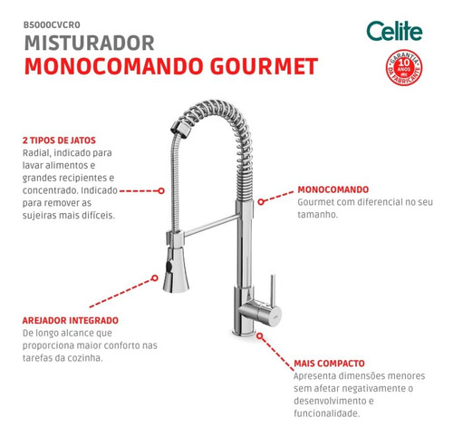 Celite Gourmet B5000cvcr0 Monocomando Para Cozinha De Mesa Bica Extraível Com 2 Função Cromado Prateado Cromado