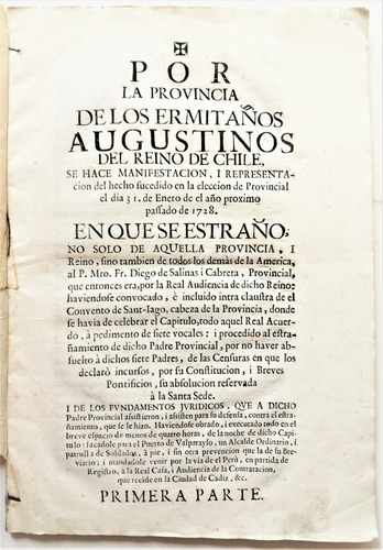 Provincia Ermitaños Agustinos Reino De Chile 1728 Colonial