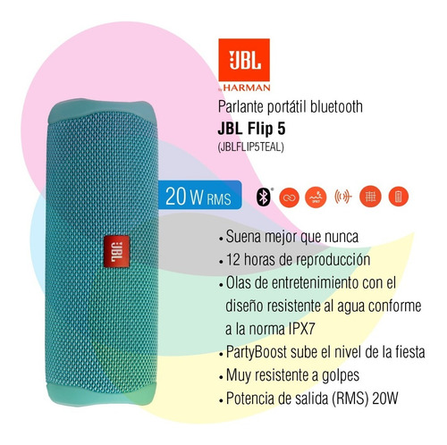 Imagen 2 de 7 de Parlante Jbl Flip 5 Bluetooth Jblflip5teal Verde Azulado