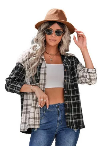 Camisa De Mujer A Cuadros Blusa De Manga Larga Con Solapa