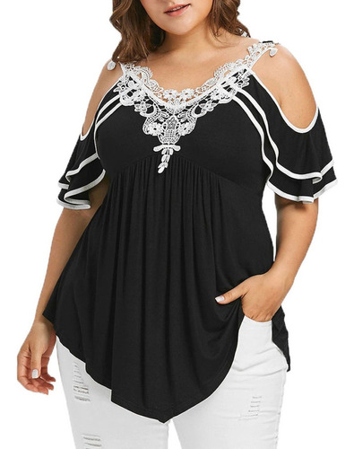 Blusa Mujer Tallas Grandes Apliques De Encaje Escalonado Col