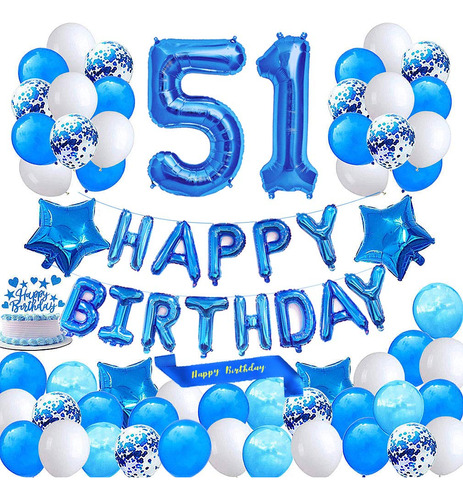 Blue 51st Birthday Decoration Banner De Feliz Cumpleaños Núm