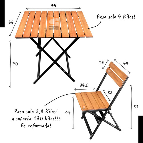 Imagen 4 de 10 de Mesa Plegable Aluminio Madera Negro 75x66 + 2 Sillas Premium