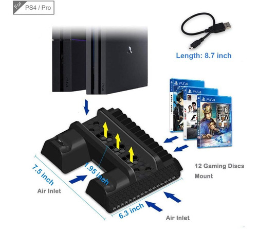 Base Para Ps4 Pro Con Fan Cooler Cargador Y Rack Para Discos