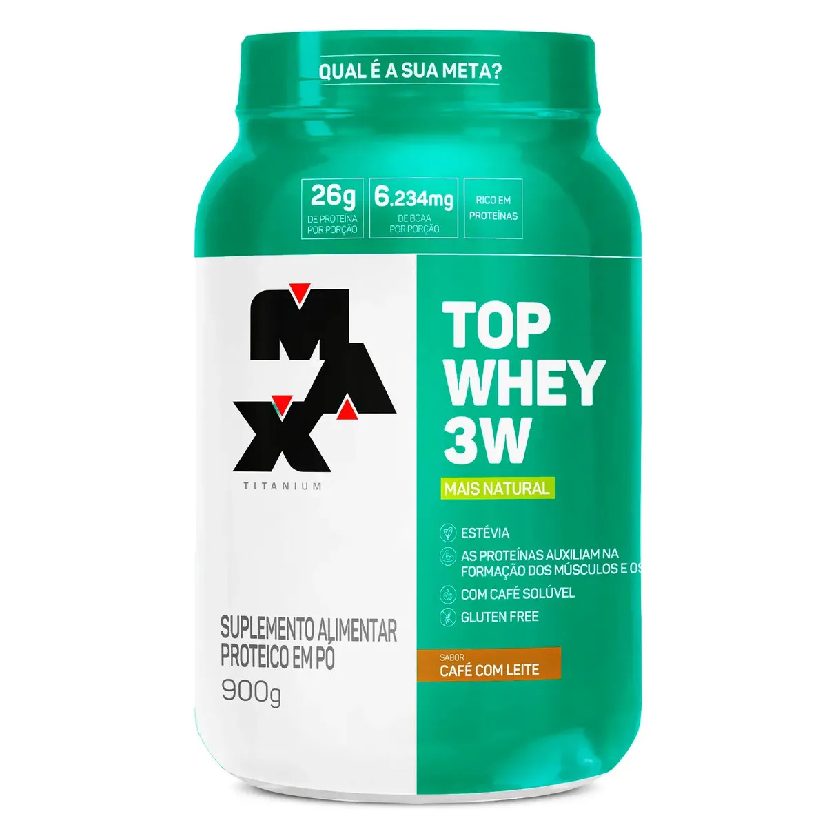 Whey Protein 3W Top Whey Natural 900g Max Titanium Sabor Café Whey Sem Glúten