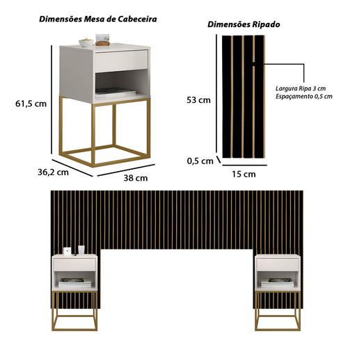 Cabeceira ripada casal queen king com 2 mesas de cab 1 gavt cor preto off white dourado lh móveis