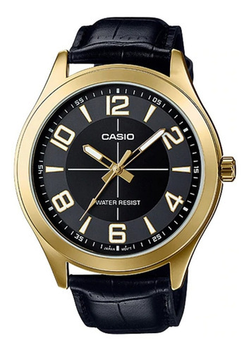 Reloj Casio Mtp Vx01 Cuero Negro Caratula Dorada 52mm Color Del Fondo Negro Color De La Correa Negro Color Del Bisel Dorado