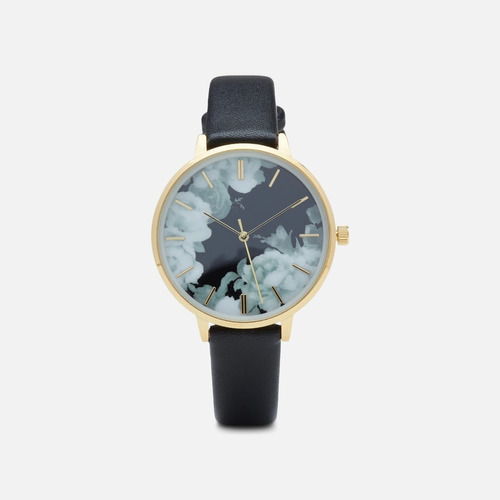 Reloj Para Dama Negro Bizou Con Borde Dorado Esfera Floreado