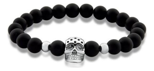 Pulseira Masculina Pedras Vulcânicas Caveira Aço Preta