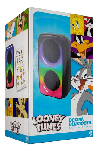 Bocina Doble Looney Tunes Bluetooth Luz Led Radio Fm Usb Color Negro