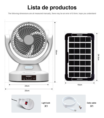 Ventilador Solar Recargable Abanico Portátil Mesa Piso Y Luz