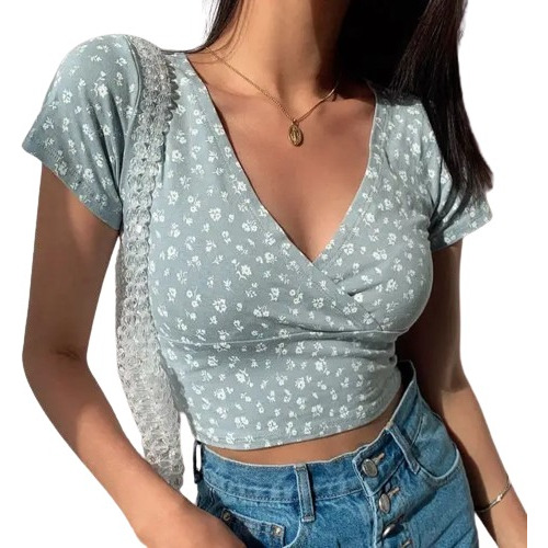 Crop Top De Mujer Cuello En V Franela Dama