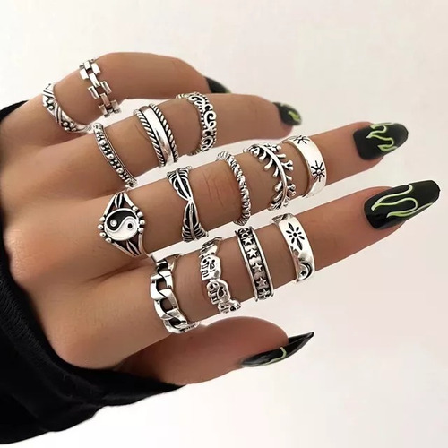 Conjunto Set Anillos Ying Yang Elefante Plateado