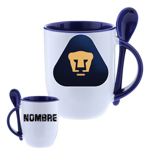 Taza Con Cuchara Pumas Unam Personalizada 325ml Futbol Azul Marino Pumas