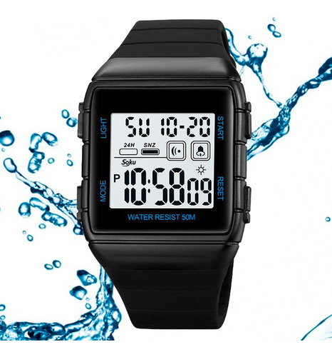 Soku Reloj Digital Deportivo Impermeable Alarma Cronometro Correa Negro Bisel Negro Menu Azul Fondo Blanco