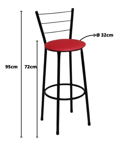 Imagem 3 de 5 de Kit 2 Banquetas Altas Preta Com Encosto Assento Vermelho Bar