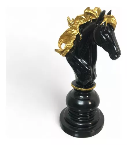 Decoração Peças De Xadrez Preto Dourado Cavalo Grande Resina