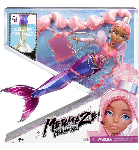 Muñeca Articulada Sirena Mermaze Cola Cambia Color Pelo Rosa