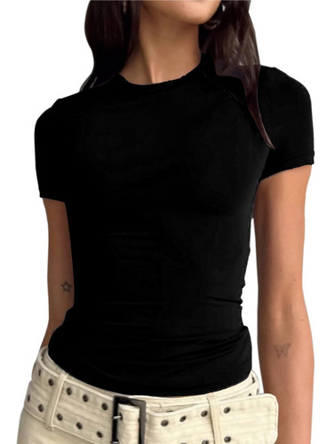 Top Casual Ajustado Para Mujer Con Cuello Redondo Y Mangas C