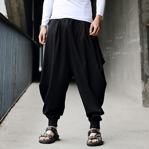 Tr Pantalón Harem Holgado Liso Algodón Y Lino Para Hombre