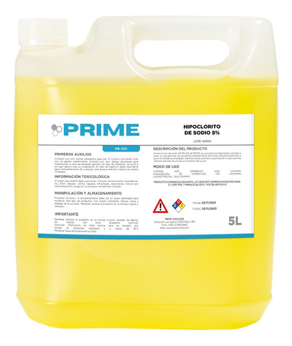 Imagen 1 de 2 de Hipoclorito De Sodio (cloro) 5% Prime 5 Lts.