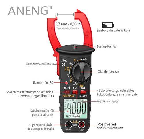 De Aneng Digital Pinza Medidor Multímetro Capacitancia 4000