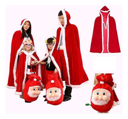 Capa Con Capucha Para Disfraz De Santa Claus Unisex Niños Y Adultos + Bolso De Viejito Pascuero