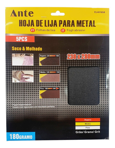 Pack 5 Hoja De Lija Para Metal 180gr. 230 X 280mm