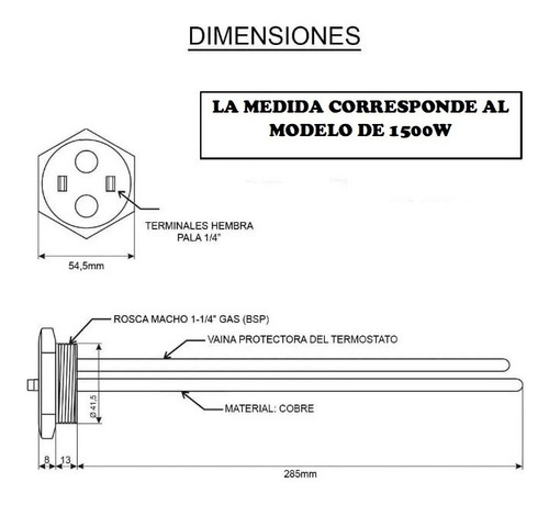 Imagen 4 de 5 de Kit Resistencia 1500 W Termostato Eléctrico Termotanque
