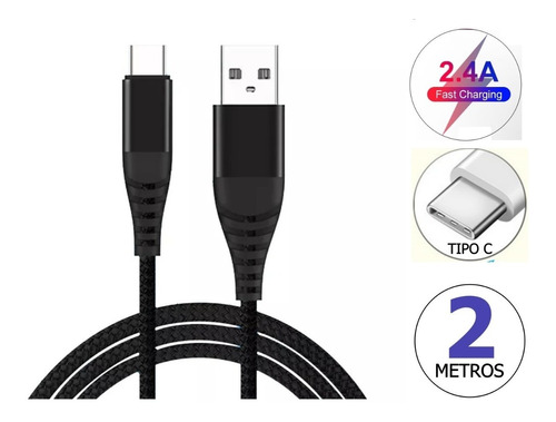 Cabo Usb Tipo C 2a Turbo Reforçado 2 Metros Moto One Xiaomi