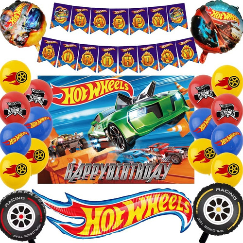 Set Decorativo Globos Y Telón Hot Wheels Cumpleaños Y Fiesta