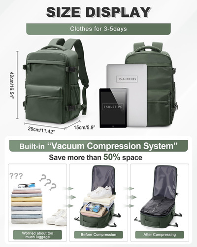 Mochila De Viaje Winspansy A4 Verde Oscuro Aprobada Aerolíne Color Diseño De La Tela