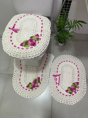 Jogo De Banheiro De Crochê Com Flores -oferta Cor Crú Pink