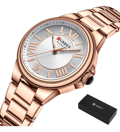 Relojes Curren 9091 de cuarzo inoxidable para mujer, color de correa, blanco rosado