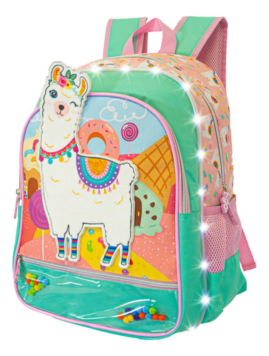 Mochila Escolar Con Luces Led + Cartuchera 16 Pulgadas Para Nenas Niñas Llama