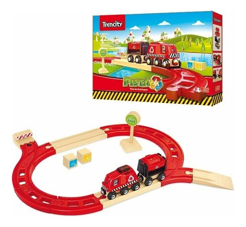 Trencity Kit Pista De Reciclado Madera Tren Con Iman 22 Pzs Color Rojo Personaje Torky