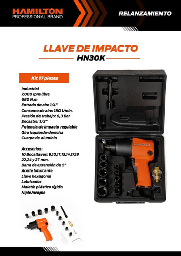 Imagen 2 de 10 de Llave Pistola Impacto Neumatica Hamilton 1/2 Kit 17 Pz 610nm Cod. Hn30k Dgm
