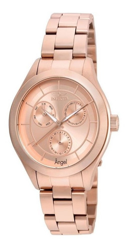 Reloj de pulsera Invicta Angel 21695 de cuerpo color oro rosa, analógico, para mujer, fondo oro rosa, con correa de acero inoxidable color oro rosa, agujas color oro rosa y blanco, dial oro rosa, subesferas color oro rosa y desplegable