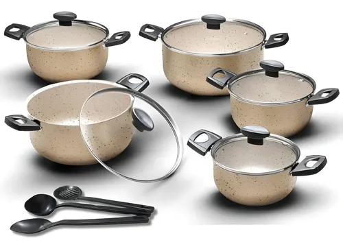 Jogo Conjunto De Panelas 5 Peças Caçarolas Teflon Antiaderente Kit Tampa De Vidro Cor Marfim