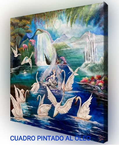 Cuadro Danza Pintado Mano Óleo Paisaje Lago Cisne Decorativo