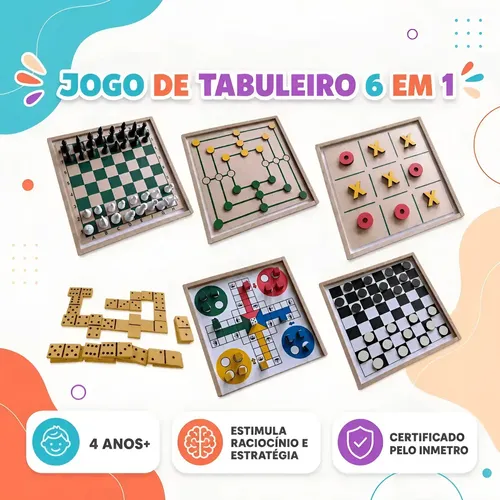 Jogos 6 em 1 Xadrez Dama Ludo Trilha Jogo da Velha Dominó em Madeira