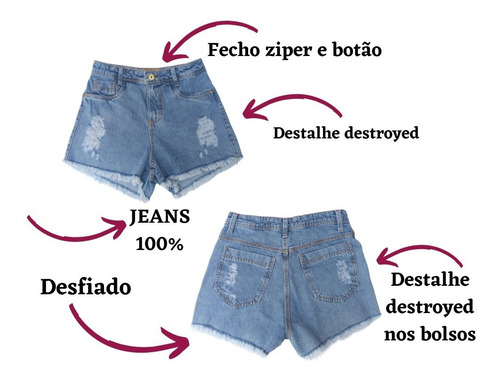Imagem 2 de 5 de Short Brim Jeans Cintura Alta Hot Pants Coloridos Kit C/3